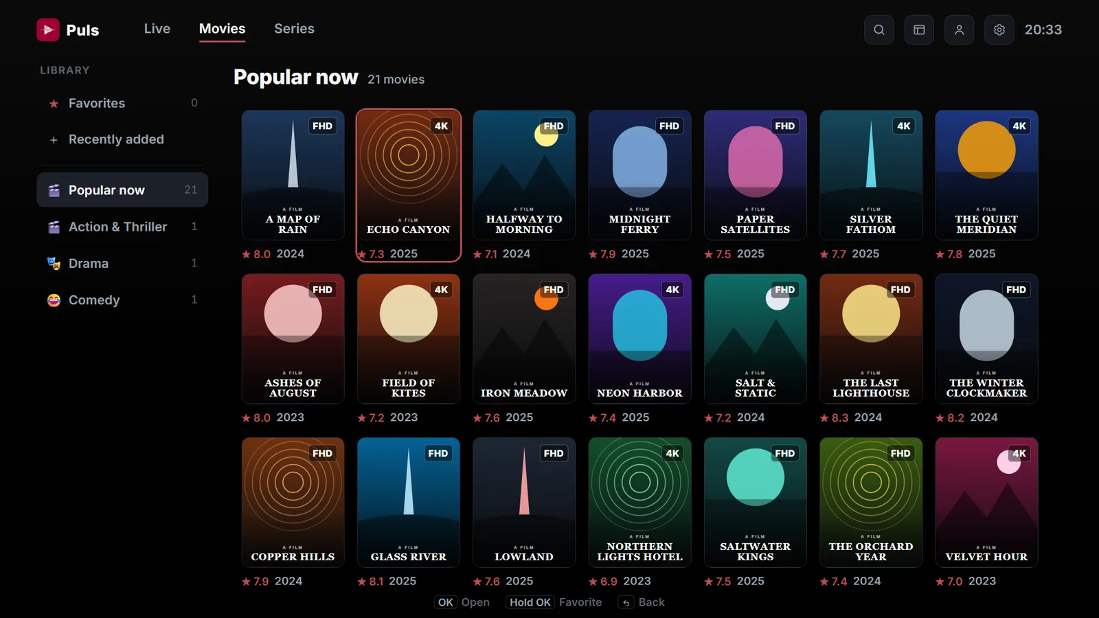 Movies library with a grid of posters, ratings and release years